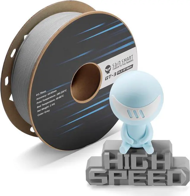 Main image of SainSmart GT-3 High Speed Matte PLA Filament 1.75mm, High Flow 3D Printer Filament, Gray, 2.2 LBS (1KG) Spool, Dimensional Accuracy +/- 0.02mm