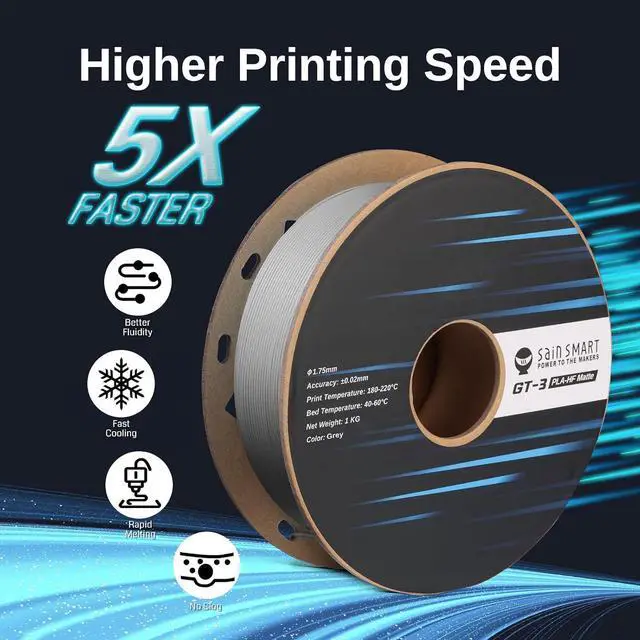 Alt view image 3 of 7 - SainSmart GT-3 High Speed Matte PLA Filament 1.75mm, High Flow 3D Printer Filament, Gray, 2.2 LBS (1KG) Spool, Dimensional Accuracy +/- 0.02mm