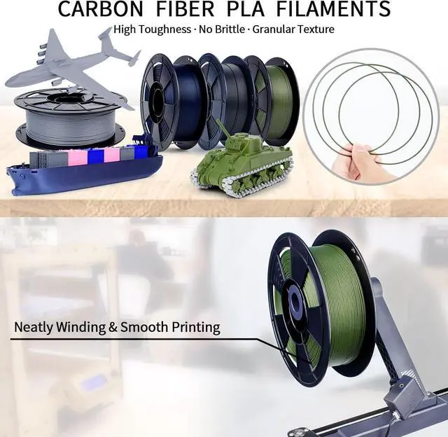 Alt view image 6 of 7 - ZIRO Carbon Fiber PLA Filament 1.75mm, CF PLA 3D Printer Filament, Reinforced PLA Colorful 0.8KG, 15% Carbon Fiber PLA Material Spool, Fits for Almost All FDM 3D Printers, 1.76lbs, Military Green