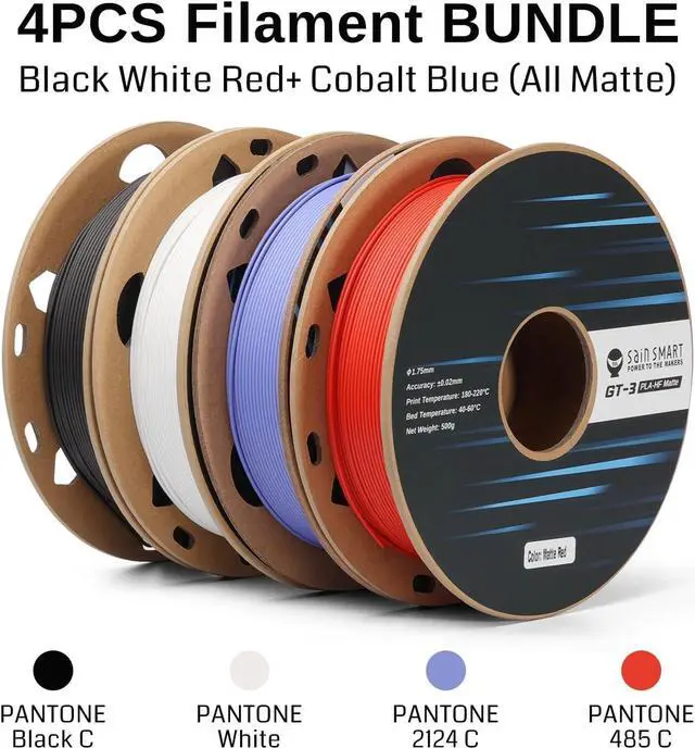 Alt view image 3 of 7 - SainSmart GT-3 High-Speed Matte PLA Filament Pack, 3D Printer Filament Bundle Multicolor, 1.75mm 500g X 4 Spools, 4.4lbs (2kg) in Total High Flowability Spiderman Color- Black, White, Red, Cobalt Blue