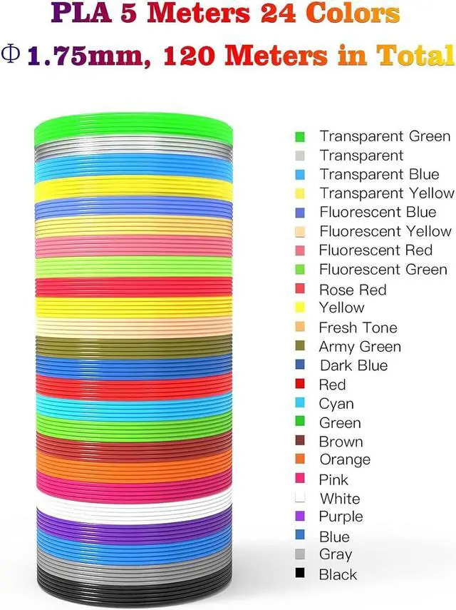 Main image of 24 Assorted Colors 3D Pen Filament Refills PLA 1.75mm, Each Color 5 Meters (16 Feet), dikale 3D Printing Pen Filament Packs for Kids, Total 120 Meters-Bonus 250 Stencils eBooks