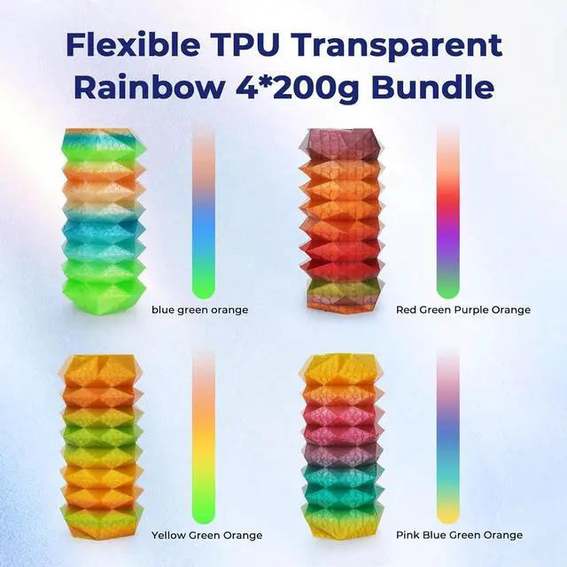 Alt view image 3 of 7 - AMOLEN TPU 3D Printer Filament Bundle, Transparent Multicolor Rainbow TPU 1.75mm, Color Change Flexible Soft TPU 3D Printing Filament Supports High Speed, 200gX4 Spools