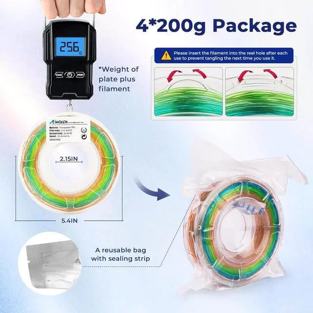 Alt view image 7 of 7 - AMOLEN TPU 3D Printer Filament Bundle, Transparent Multicolor Rainbow TPU 1.75mm, Color Change Flexible Soft TPU 3D Printing Filament Supports High Speed, 200gX4 Spools