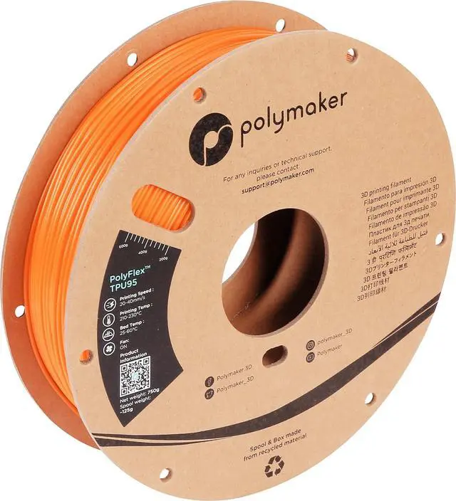 Main image of Polymaker TPU Filament 1.75mm Orange, 0.75kg Shore 95A Flexible 3D Printer Filament 1.75mm - PolyFlex TPU95 3D Printing TPU Filament 0.75kg Orange Soft Flexible Filament