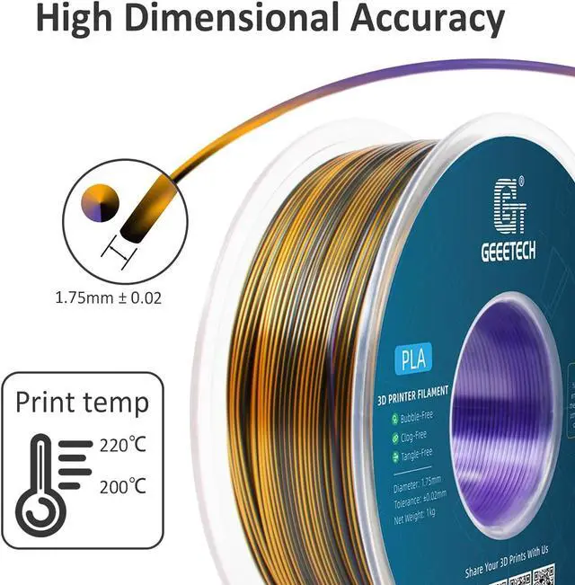 Alt view image 4 of 7 - Geeetech Silk PLA Tri Color Filament 1.75mm 3D Printer Filament, Coextrusion Purple Gold Black Tri-Colors Metal-Like Shiny Silk PLA Filament, 1kg (2.2lbs) 1 Spool, Dimensional Accuracy +/- 0.02 mm