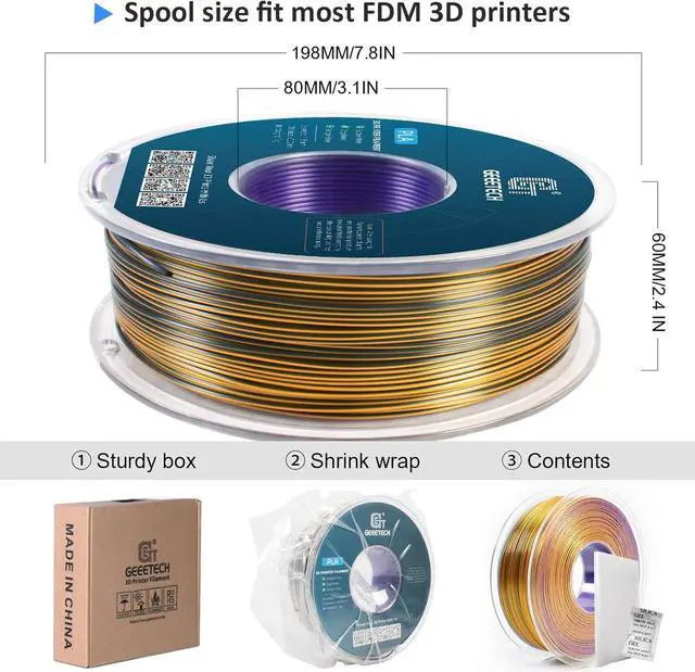 Alt view image 6 of 7 - Geeetech Silk PLA Tri Color Filament 1.75mm 3D Printer Filament, Coextrusion Purple Gold Black Tri-Colors Metal-Like Shiny Silk PLA Filament, 1kg (2.2lbs) 1 Spool, Dimensional Accuracy +/- 0.02 mm