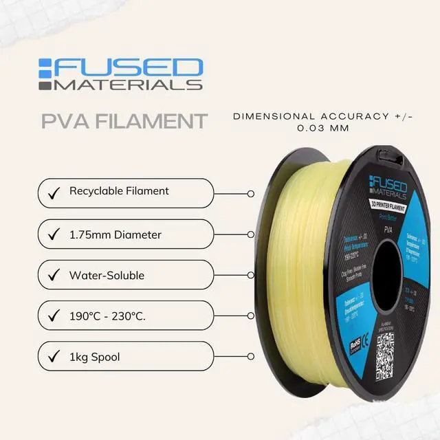 Alt view image 3 of 7 - Fused Materials PVA Filament 1.75mm Water-Soluble Support Material for 3D Printing Compatible with Bambu Lab, Polymaker, Overture, and More Works with PLA, PETG, Nylon, ABS Clear & Transparent