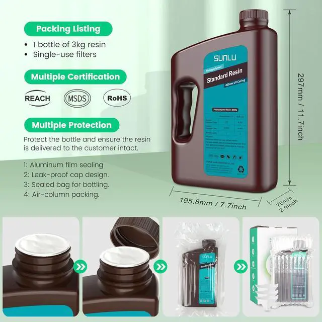 Alt view image 7 of 7 - SUNLU 3D Printer Resin 3kg, Fast Curing Standard 3D Resin for Most Resin 3D Printers, 395 to 405nm UV Curing 3D Printing Liquid Photopolymer Resin, Low Shrinkage and High Precision, 3000g, Black