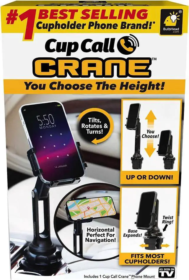 Main image of BulbHead Phone Crane Mount for Car, As Seen On TV, Ultra-Long Arm Raises Over a Foot Higher, Drive Safer, 360° Rotation, Vertical & Horizontal Adjustment, Twistable Base Fits Any Cupholder