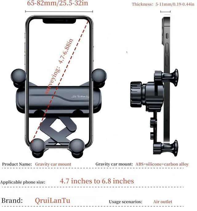 Alt view image 6 of 6 - QruiLanTu Car Vent Phone Mount Gravity Cell Phone Holder Never Blocking Vent with Rotatable Swing Arm Hands Free Universal Extension Clip Air Phone Holder Car Fit for All Phones iPhone Samsung