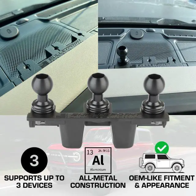 Alt view image 2 of 7 - Bulletpoint Metal Bronco Phone Holder Mount + Action Camera Mount Compatible with 2021+ Ford Bronco Holds 3 Devices Replaces Accessory Ready Panel