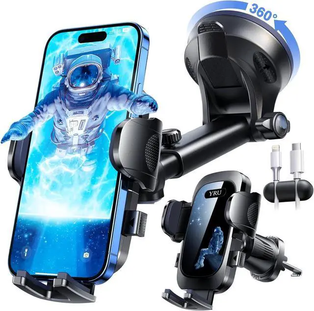 Main image of [True Military-Grade &360 Degrees Rotatable Suction] 2025 YRU Ultimate Car Phone Holder Mount 90+LBS Safest Strongest Patent Certs Dashboard Windshield Vent for iPhone 16 15 Pro Max Samsung Dark Black