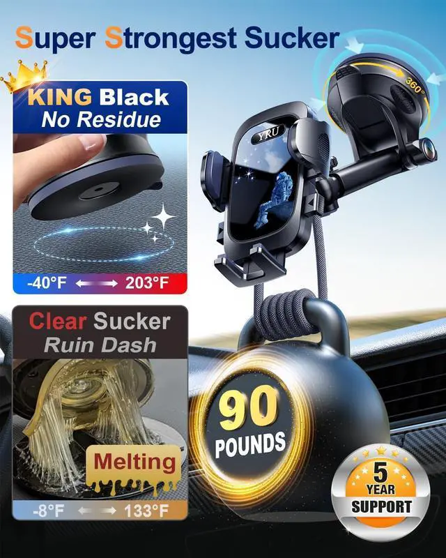 Alt view image 2 of 7 - [True Military-Grade &360 Degrees Rotatable Suction] 2025 YRU Ultimate Car Phone Holder Mount 90+LBS Safest Strongest Patent Certs Dashboard Windshield Vent for iPhone 16 15 Pro Max Samsung Dark Black