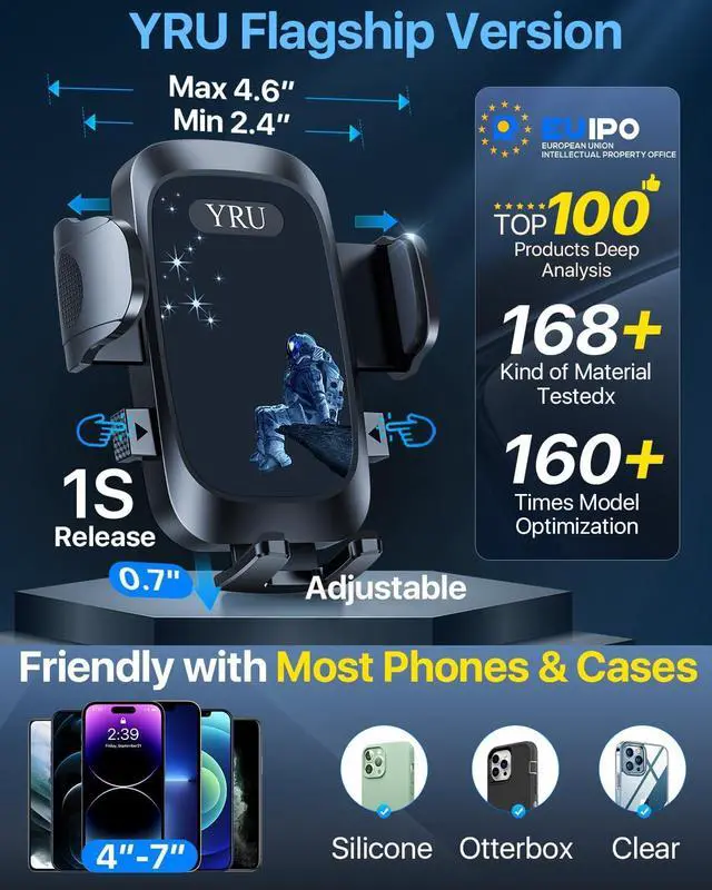 Alt view image 4 of 7 - [True Military-Grade &360 Degrees Rotatable Suction] 2025 YRU Ultimate Car Phone Holder Mount 90+LBS Safest Strongest Patent Certs Dashboard Windshield Vent for iPhone 16 15 Pro Max Samsung Dark Black