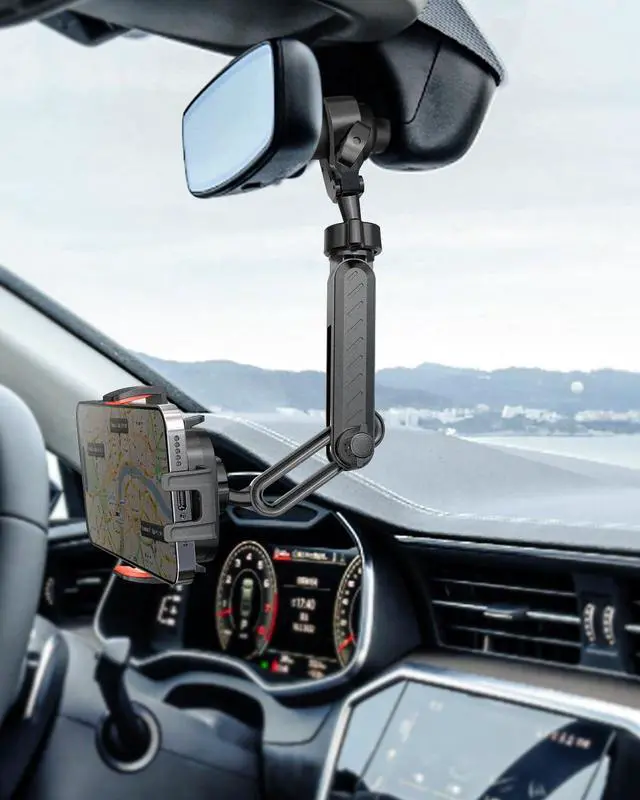 Alt view image 2 of 7 - IPOW Rearview Mirror Phone Holder for Car 360°Rotatable and Retractable, Auto Clamp Car Phone Mount with Multi-Angle Adjustment Compatible with All 4-7 Inch Phones