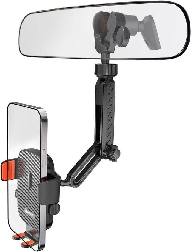 Main image of IPOW Rearview Mirror Phone Holder for Car 360°Rotatable and Retractable, Auto Clamp Car Phone Mount with Multi-Angle Adjustment Compatible with All 4-7 Inch Phones