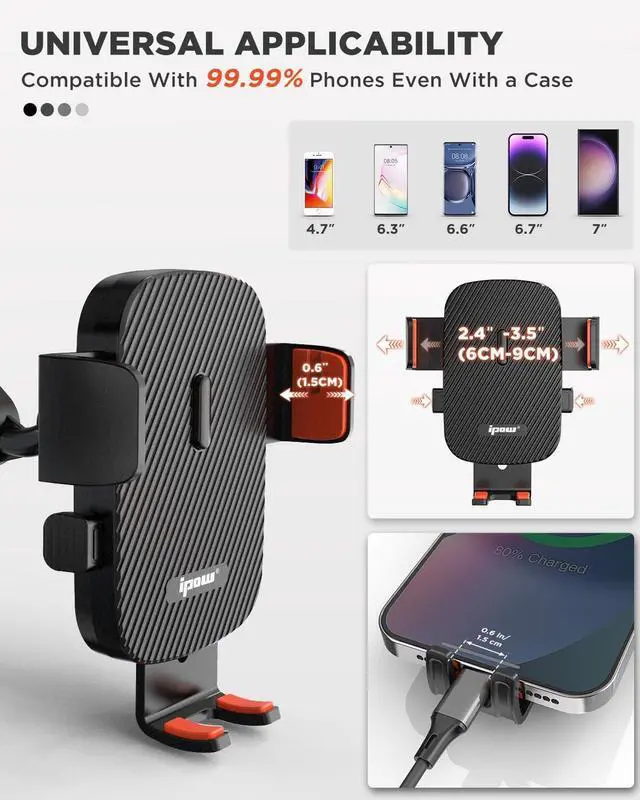 Alt view image 7 of 7 - IPOW Rearview Mirror Phone Holder for Car 360°Rotatable and Retractable, Auto Clamp Car Phone Mount with Multi-Angle Adjustment Compatible with All 4-7 Inch Phones