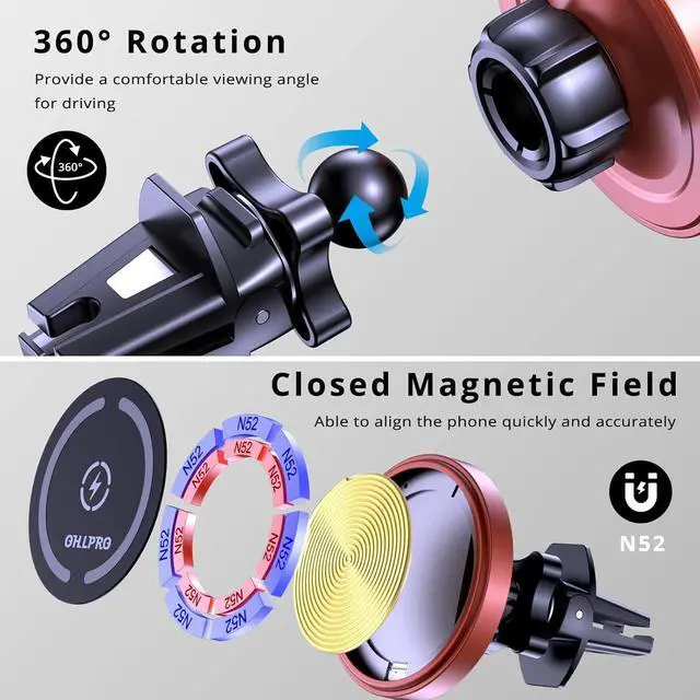 Alt view image 6 of 7 - OHLPRO for iPhone 16 Magsafe Car Mount, Dashboard Magsafe Car Phone Holder Charger for iPhone 16 15 14 13 12 Pro/Pro Max/Plus/Mini,15W Fast Charging Vent Mount, Super Fashion & Hands Free, Red