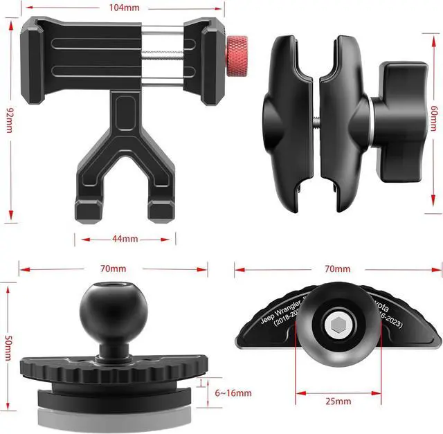 Alt view image 4 of 6 - Aluminum Phone Mount for Jeep Wrangler JL & Gladiator JT (2018-2023) & Sahara, Vent Cell Phone Holder with 360° Rotation Ball Head Adapter Compatible with iPhone & Android & Smartphone