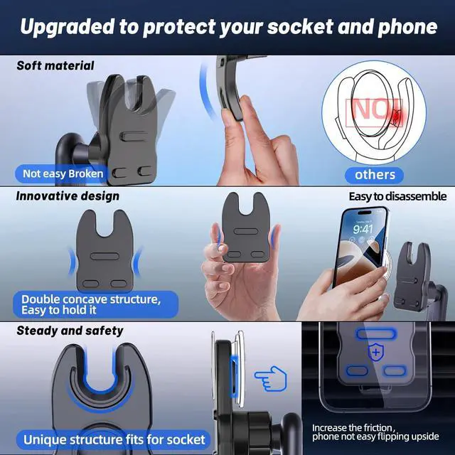 Alt view image 4 of 7 - JCBAKC Socket Car Mount for Car Vent [Never Blocking],360° Adjustable Air Vent Mount for Socket GripAir Vent Clip Car Phone Holder Fit for Phones with Socket