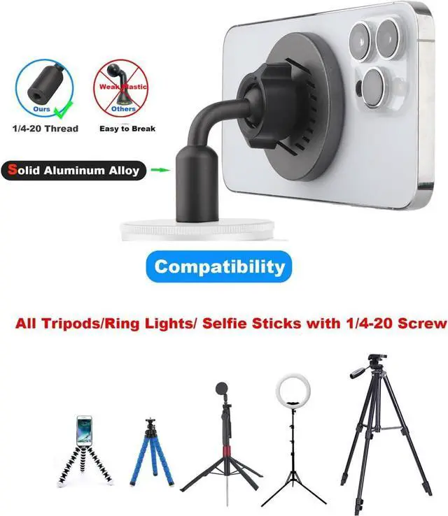 Alt view image 2 of 7 - Rigdance Magnetic Phone Tripod Mount Adapter with 1/4"-20 Female Screw and Car Mount Compatible with MagSafe for iPhone 16 15 14 13 12 Plus Pro Max Mini Series, with Metal Ring