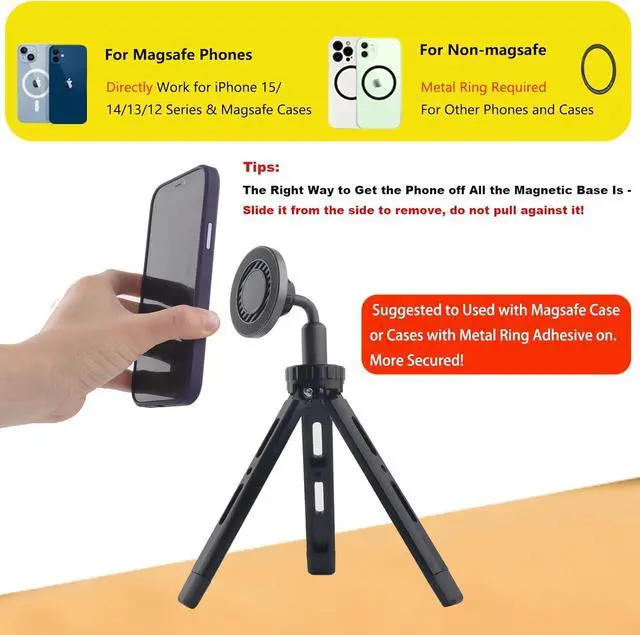 Alt view image 5 of 7 - Rigdance Magnetic Phone Tripod Mount Adapter with 1/4"-20 Female Screw and Car Mount Compatible with MagSafe for iPhone 16 15 14 13 12 Plus Pro Max Mini Series, with Metal Ring