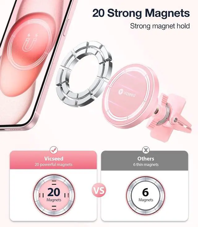 Alt view image 2 of 6 - VICSEED for MagSafe Car Mount [Upgraded Strongest Magnet Power] Magnetic Phone Holder for Car Vent 360 Adjustable Magnetic Car Phone Holder Mount for iPhone 15 14 13 12 Pro Max Plus Mini, Pink
