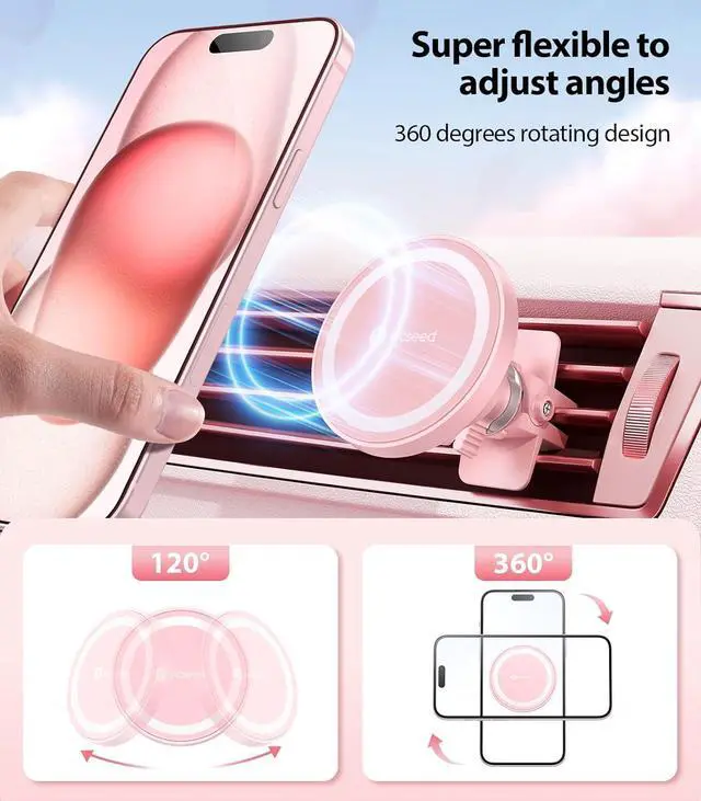 Alt view image 6 of 6 - VICSEED for MagSafe Car Mount [Upgraded Strongest Magnet Power] Magnetic Phone Holder for Car Vent 360 Adjustable Magnetic Car Phone Holder Mount for iPhone 15 14 13 12 Pro Max Plus Mini, Pink