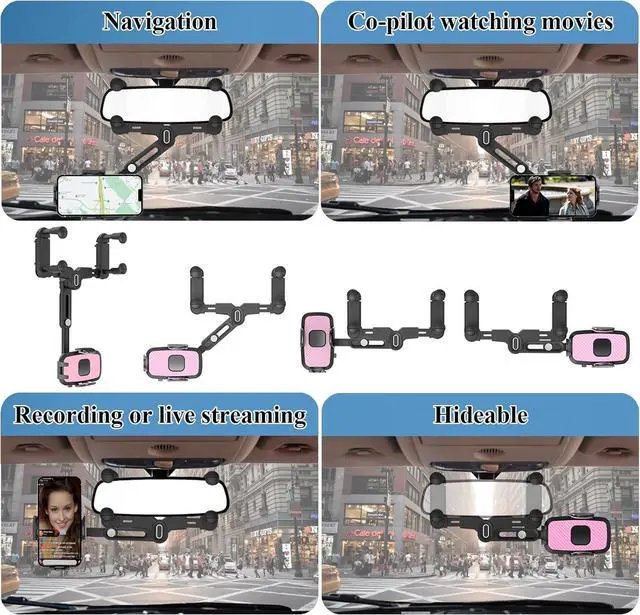 Alt view image 5 of 7 - JDHDL Phone Mount for Car, Rear View Mirror Phone Holder, Rotatable and Retractable Car Phone Holder Mount Rearview Mirror Phone Holder for Car Compatible with iPhone Samsung Cell Phones (Pink)