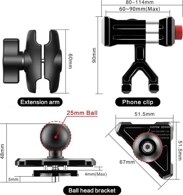 Alt view image 3 of 6 - Aluminum Phone Mount for Ford F-150 2015-2020, Expedition 2018-2021, Super Duty 2017-2021, F150 Vent Cell Phone Holder with 360° Rotation Ball Head Adapter Compatible with iPhone & Android