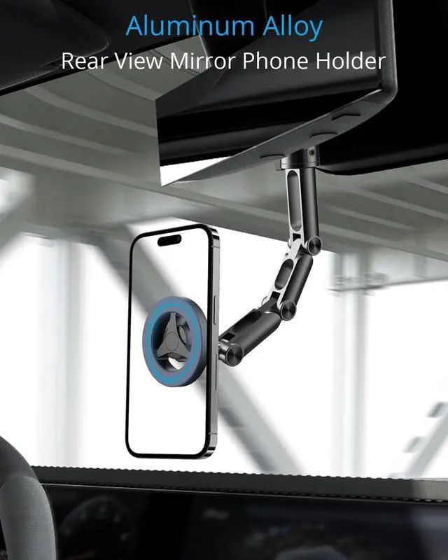 Alt view image 2 of 7 - Quyee Magnetic Phone Holder for Your Car, for Magsafe Rear View Mirror Phone Holder - Aluminum Alloy Mount Multi-Angle Adjustment Rotatable and Retractable Compatible with All iPhone and Android