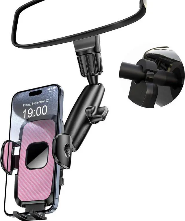 Main image of JDHDL Rear View Mirror Phone Holder, 360° Rotating Car Phone Holder Mount Compatible with All 4-7 Inch iPhone and Android Cell Phones (Pink)