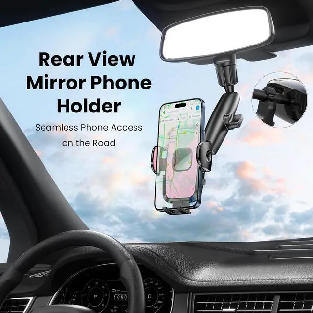 Alt view image 3 of 6 - JDHDL Rear View Mirror Phone Holder, 360° Rotating Car Phone Holder Mount Compatible with All 4-7 Inch iPhone and Android Cell Phones (Pink)