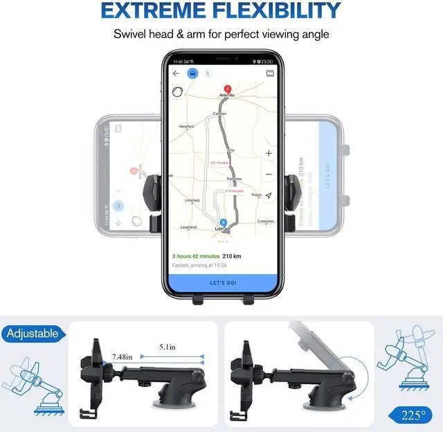 Alt view image 4 of 5 - Manords Car Phone Mount Holder for Dashboard Windshield Compatible with All iPhone & Android Cell Phones, Black