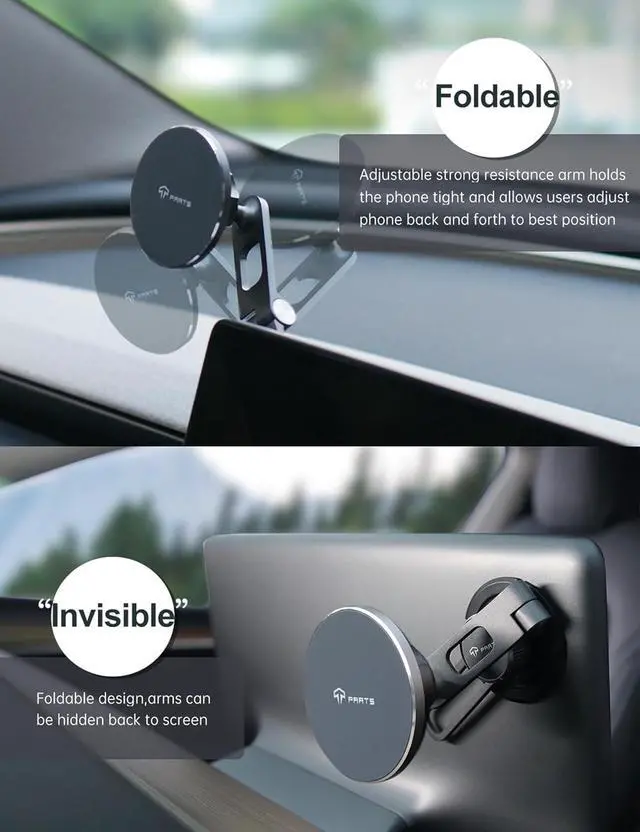 Alt view image 3 of 7 - TPARTS Foldable Magnetic Car Cellphone Mount, Hidden Design for Tesla Model 3/Y, Compatible with iPhone 16, 15, 14, 13, 12, Mag Safe Cases