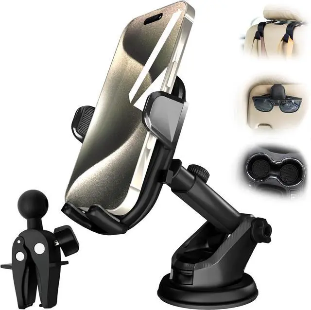 Main image of 3-in-1 Heavy Duty Car Phone Holder| Car Phone Mount for Windshield, Dashboard & Window | Includes Free 2 Cup Holder Pads, Sunglass Holder & 2 Headrest Hooks | Compatible with iPhone, Samsung | Black