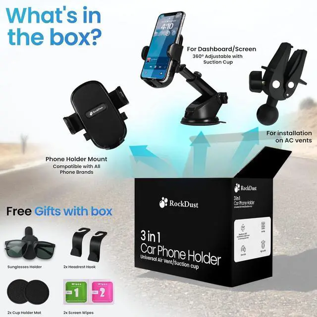 Alt view image 4 of 7 - 3-in-1 Heavy Duty Car Phone Holder| Car Phone Mount for Windshield, Dashboard & Window | Includes Free 2 Cup Holder Pads, Sunglass Holder & 2 Headrest Hooks | Compatible with iPhone, Samsung | Black