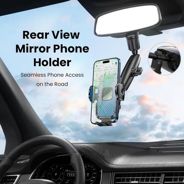 Alt view image 3 of 6 - JDHDL Rear View Mirror Phone Holder, 360° Rotating Car Phone Holder Mount Compatible with All 4-7 Inch iPhone and Android Cell Phones (Blue)