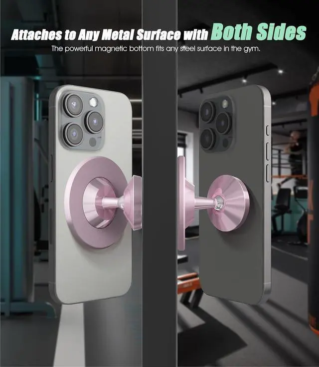 Alt view image 6 of 6 - Orzero Upgraded Gym Magnetic Phone Mount Holder, Dual Magnet with Strong Magnetic, Easily and Firmly Attaches to Metal Surface for Any Phones for Videos and Selfies (Rose Gold)