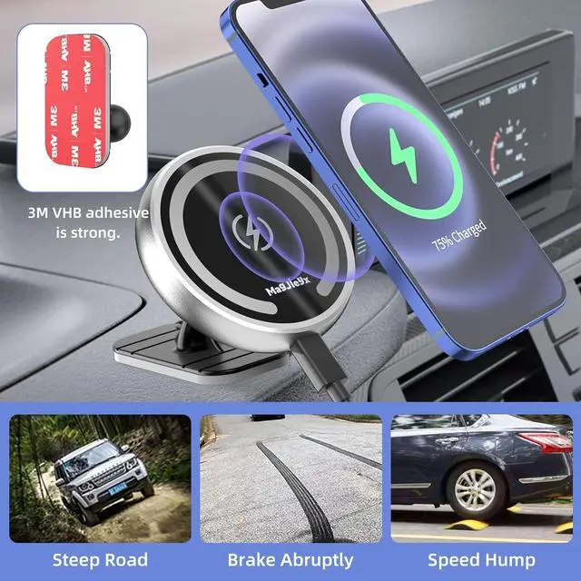 Alt view image 5 of 5 - Magnetic Wireless Car Charger Mount MAGJIEYX Compatible with Magsafe iPhone 15,14 Pro Max,13, Plus 12, Mini,Airpods3,15W Fast Charging,Stick On Car Dashboard and Air Vent Car Phone Holder (Silver)