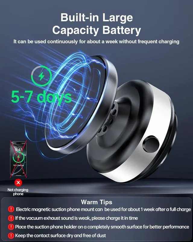 Alt view image 6 of 7 - Upgraded Magnetic Car Phone Holder Mount, 360° Adjustable Electric Vacuum Strong Suction Phone Holder for Car/Gym/Mirror/ Smooth Surface,Compatible with Magsafe iPhone16/15/14/13/12 & Android Series