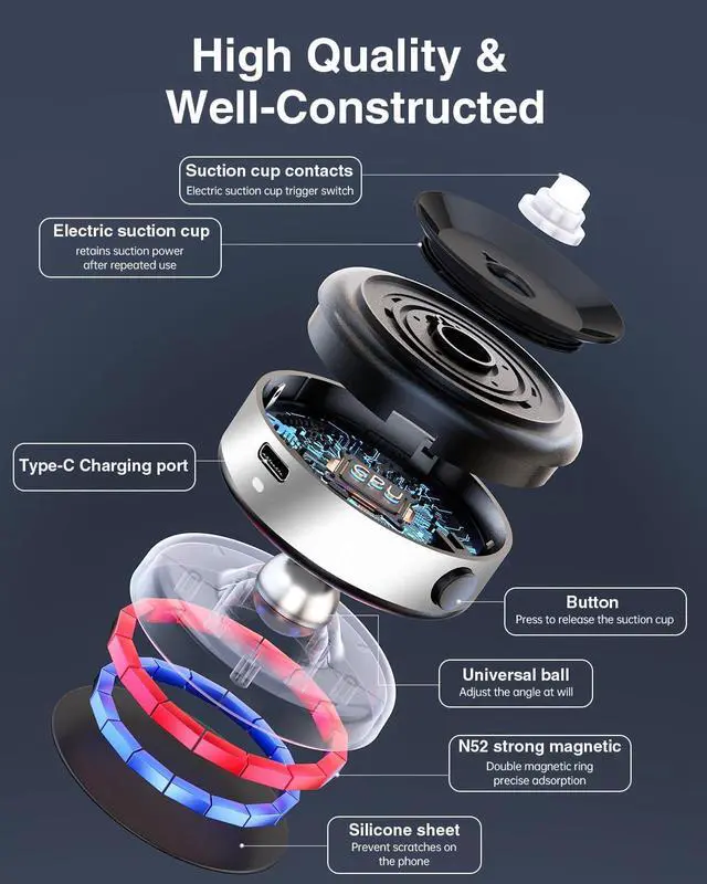 Alt view image 5 of 7 - Upgraded Magnetic Car Phone Holder Mount, 360° Adjustable Electric Vacuum Strong Suction Phone Holder for Car/Gym/Mirror/ Smooth Surface,Compatible with Magsafe iPhone16/15/14/13/12 & Android Series