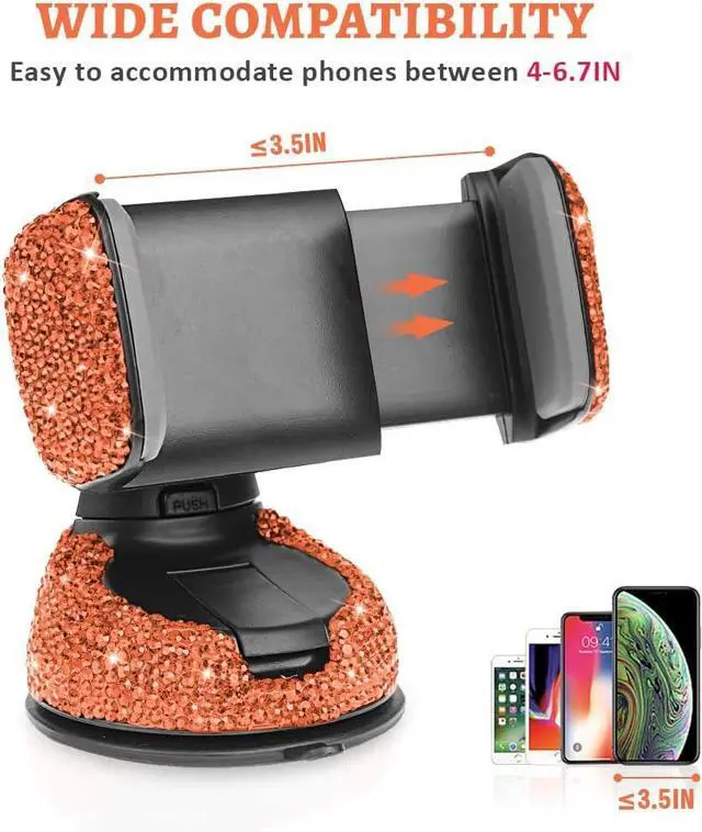 Alt view image 2 of 7 - eing Car Phone Mount Cell Phone Holder with One More Air Vent Base,Bling Crystal Universal Phone Mount Holder Cradle for Dashboard,Windshield and Air Vent,Orange