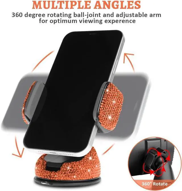 Alt view image 3 of 7 - eing Car Phone Mount Cell Phone Holder with One More Air Vent Base,Bling Crystal Universal Phone Mount Holder Cradle for Dashboard,Windshield and Air Vent,Orange