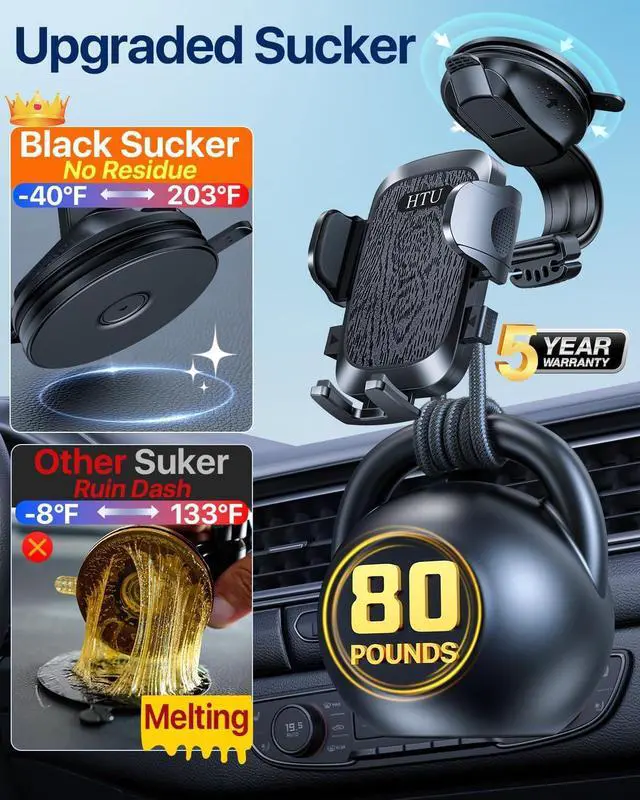 Alt view image 2 of 7 - HTU Upgraded Strongest Suction Car Phone Holder Bendable Arm, Never Block View Rotatable Cellphone Mount for Dashboard Windshield Vent, Cradle Stand for iPhone 16 15 14 13 12 Pro Max (Black)