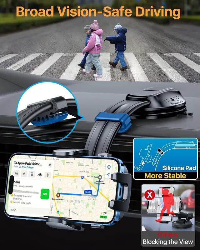 Alt view image 3 of 7 - HTU Upgraded Strongest Suction Car Phone Holder Bendable Arm, Never Block View Rotatable Cellphone Mount for Dashboard Windshield Vent, Cradle Stand for iPhone 16 15 14 13 12 Pro Max (Black)