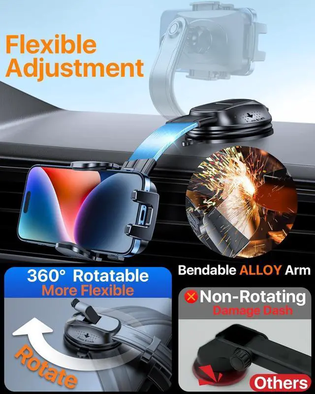 Alt view image 4 of 7 - HTU Upgraded Strongest Suction Car Phone Holder Bendable Arm, Never Block View Rotatable Cellphone Mount for Dashboard Windshield Vent, Cradle Stand for iPhone 16 15 14 13 12 Pro Max (Black)