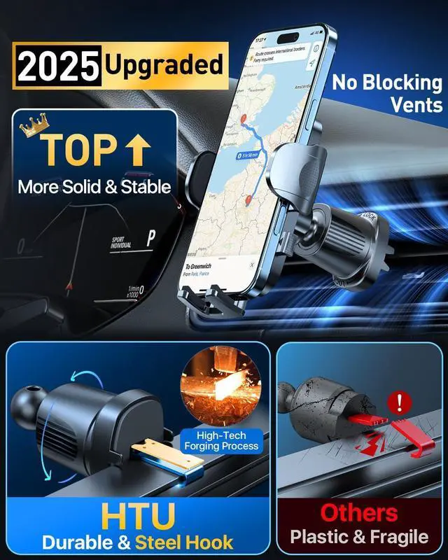 Alt view image 5 of 7 - HTU Upgraded Strongest Suction Car Phone Holder Bendable Arm, Never Block View Rotatable Cellphone Mount for Dashboard Windshield Vent, Cradle Stand for iPhone 16 15 14 13 12 Pro Max (Black)