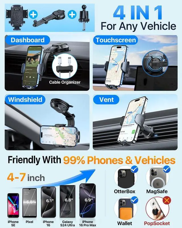 Alt view image 6 of 7 - HTU Upgraded Strongest Suction Car Phone Holder Bendable Arm, Never Block View Rotatable Cellphone Mount for Dashboard Windshield Vent, Cradle Stand for iPhone 16 15 14 13 12 Pro Max (Black)