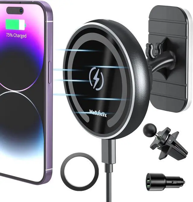 Main image of Magnetic Wireless Car Charger, Auto Alignment for Magsafe Car Mount Charger iPhone 12/13 Mini, Pro, Pro Max, Car Air Vent and Car Dashboard Phone Holder with 36W QC 3.0 Fast Car Charger (Black)
